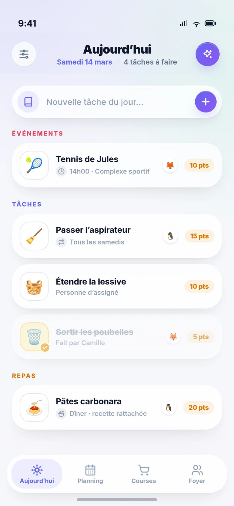 L'onglet Aujourd'hui : les événements du jour, les tâches à faire, le repas du soir et les points de chaque membre.