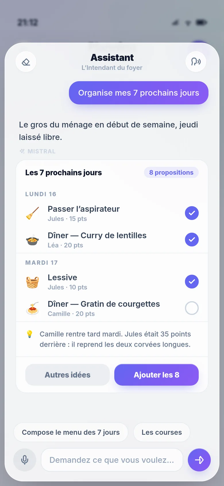 Une proposition de sept jours de tâches réparties entre les membres, chaque ligne décochable.