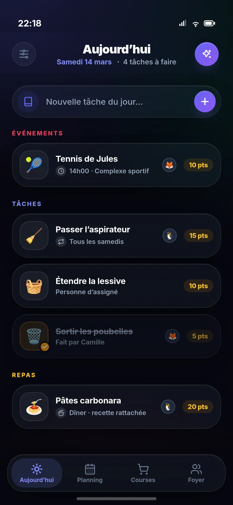 Le même onglet Aujourd'hui en thème sombre.