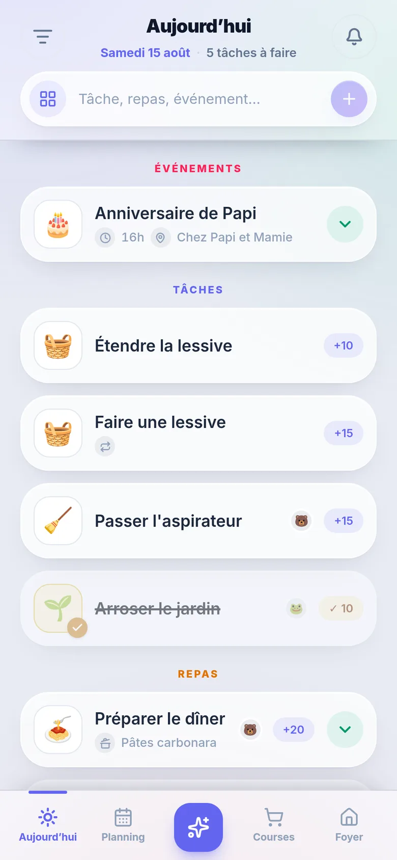 L'onglet Aujourd'hui : l'événement du jour, les tâches à faire et le repas du soir avec sa recette.