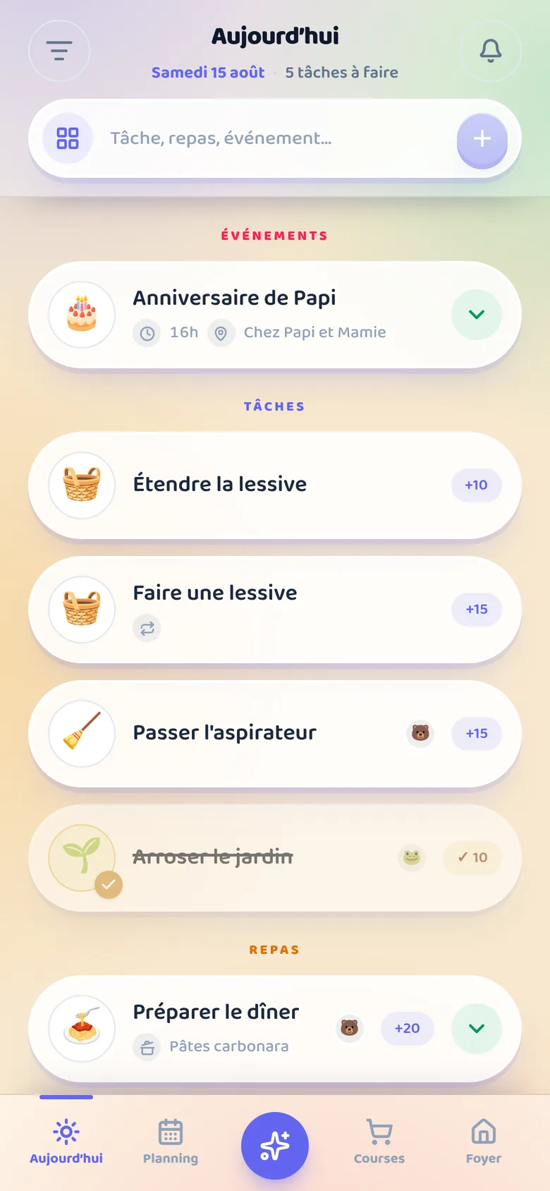 Le même écran dans le thème Ludique, rond et coloré.